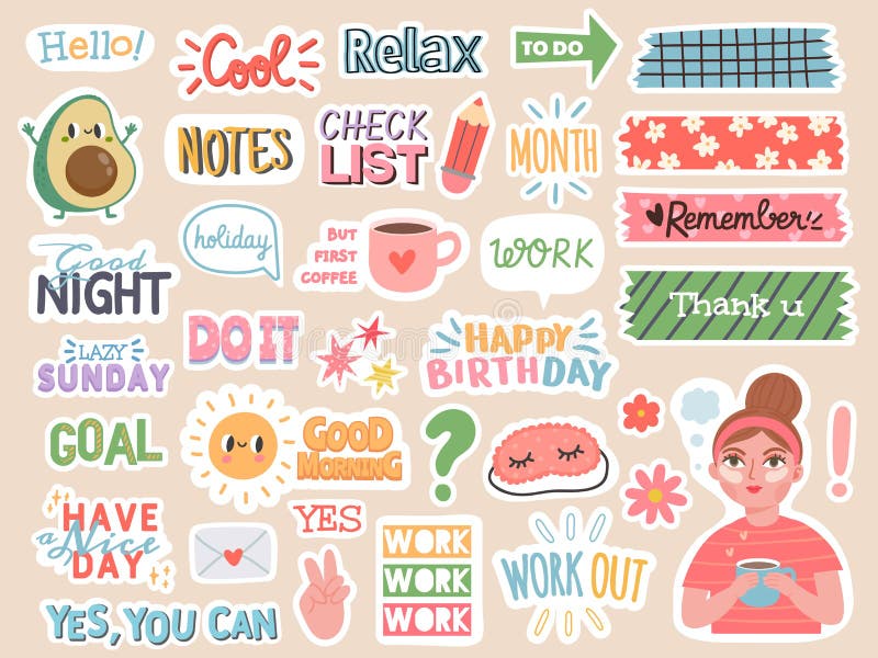 Diary stickers. Words, characters and quotes for planner journal. Trendy  notebook decor with girls, food and cats. Daily reminder vector set Stock  Vector by ©tartila.stock.gmail.com 463991742