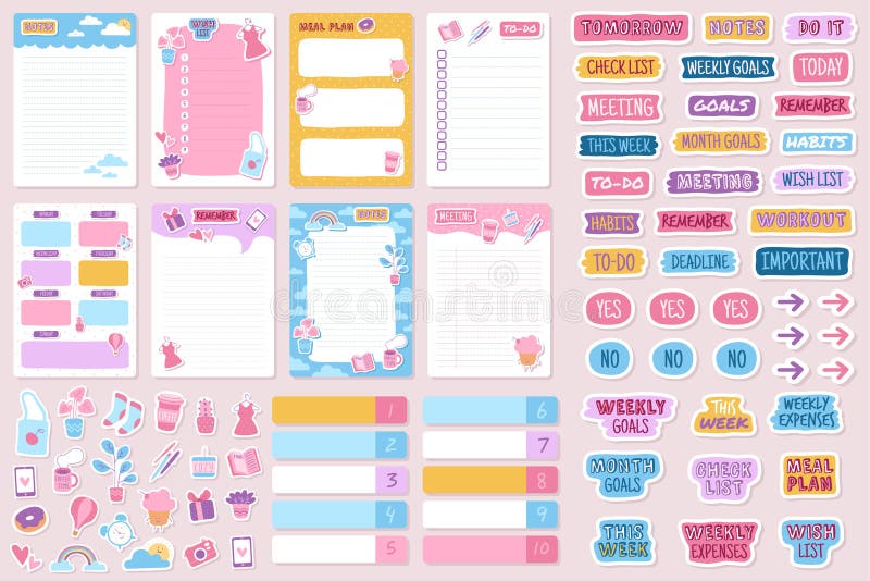 Cute planner stickers. Organizer tags, color patterns and calendar icons.  Check, planners and weekly label days. School day planning stickers with  trendy lettering and elements. Back to school 20794811 Vector Art at