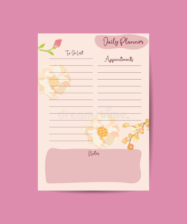 Daily Planner Template.Blank Printable Vertical Notebook Page with