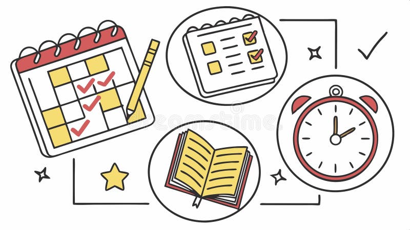 Planning icons: calendar, clock, book , organize time, tasks vector design Generative AI royalty free illustration