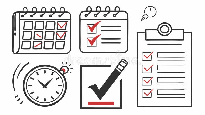 Planning And Organization Icons Calendar Clock Checklist Vector Set, vector design Generative AI vector illustration