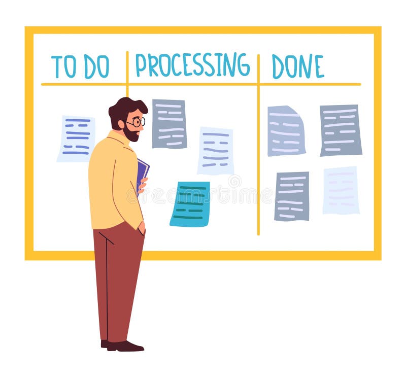Planning schedule. Time management. Kanban board. Man reading book and reminder notes at whiteboard. Office work goals. Job tasks priority and daytime routine. Agenda effective control. Vector concept. Reading efficiency stock images, royalty-free photos and pictures