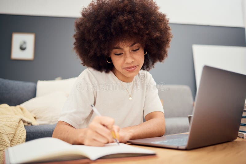 Planning, study and laptop with black woman writing in notebook for schedule, e learning and checklist. Agenda