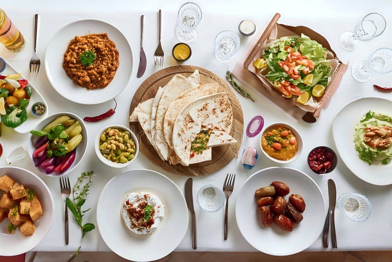 Plano de una mesa de comedor muy bien decorada con humus falafel de shawarma y fechas stock de ilustración