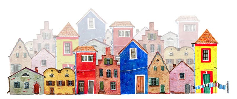 Plans of an old town. Colorful old stone european houses. Hand drawn cartoon watercolor illustration