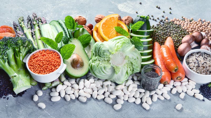 Plant based diet ingredients. Healthy food high in vitamins, antioxidants, smart carbohydrates royalty free stock photos