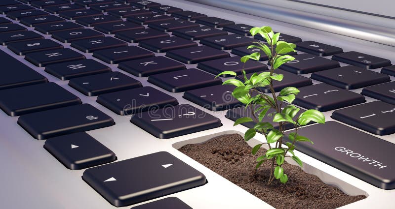 Plant growing from laptop computer, growth concept, 3d render