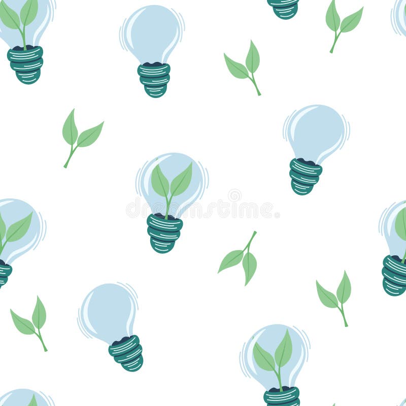 Plant Inside Light Bulb Seamless Pattern. Green Energy. Concept of