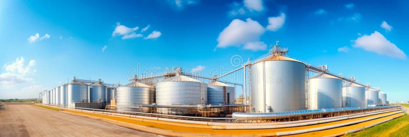 Plant for processing agricultural products and silos for dry cleaning and storage of agricultural products. Generative vector illustration