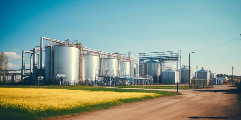 Plant for processing agricultural products and silos for dry cleaning and storage of agricultural products. Generative royalty free illustration