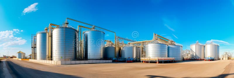 Plant for processing agricultural products and silos for dry cleaning and storage of agricultural products. Generative royalty free illustration