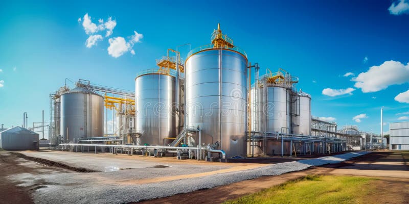 Plant for processing agricultural products and silos for dry cleaning and storage of agricultural products. Generative stock illustration