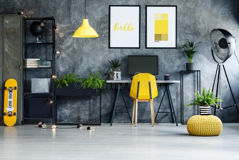 Home office with yellow skateboard