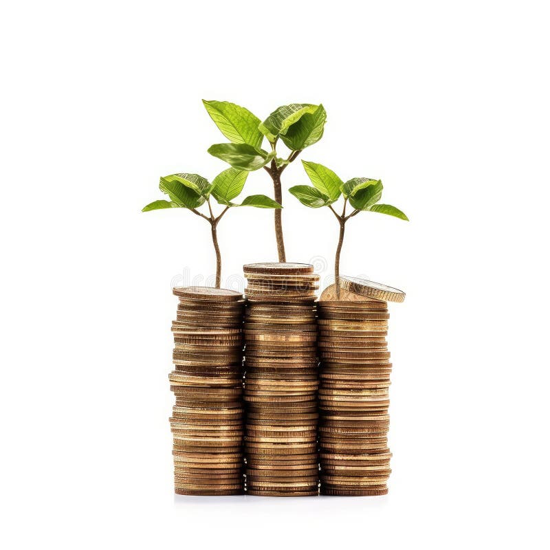 Plant or Tree Grows on Stack of Coins,Finance, Account, Saving, and
