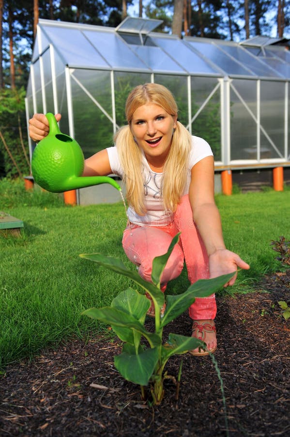 Linda jardineira a regar uma planta fotografia de stock royalty free
