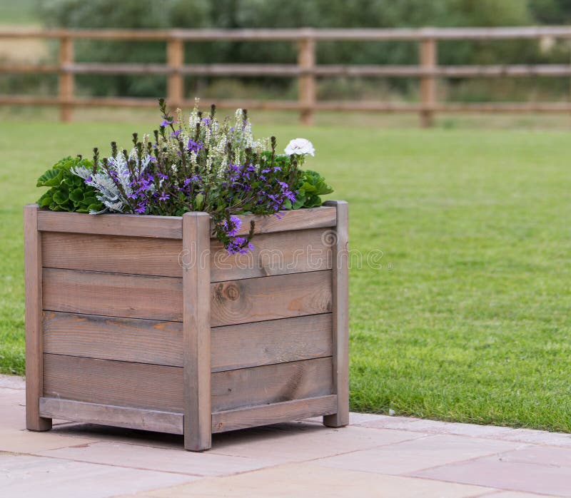 Wooden planter with purple flowers on patio. Wooden planter with purple flowers on patio