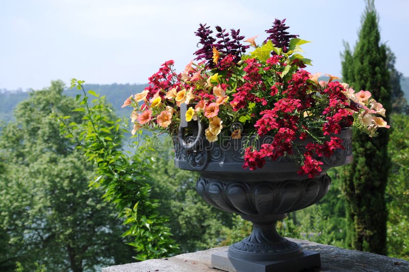 Garden planter with colorful flower arrangement at a balcony. Garden planter with colorful flower arrangement at a balcony