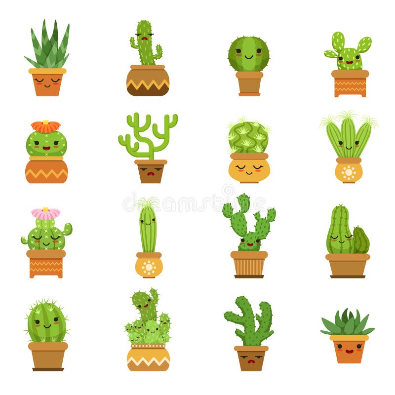 Conjunto de diferentes cactos verdes em pote de desenho em fundo branco  Vetor EPS [download] - Designi