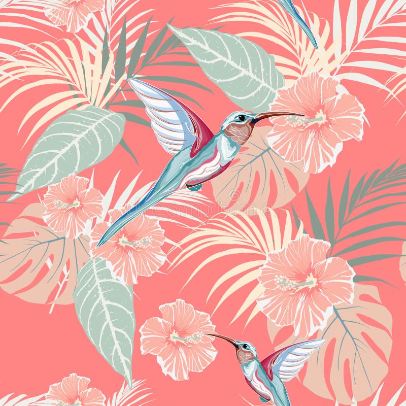 Plantas tropicais, hibiscus e pássaro de Colibri Teste padrão tropical sem emenda, fundo brilhante ilustração stock Plantas tropicais, hibiscus e pássaro de Colibri Teste padrão tropical sem emenda, fundo brilhante ilustração stock
