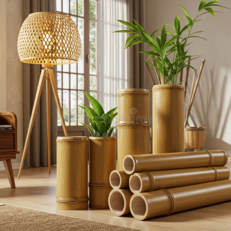 Plantatoare naturale din bambus cu plante de casă în camera de zi modernă stock illustration