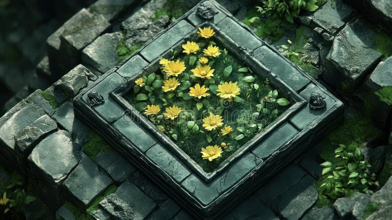 Plantator kamienny z żółtymi kwiatami przerośniętą konstrukcję kamienną projekt wykonawczy sztuka ogrodowa royalty ilustracja