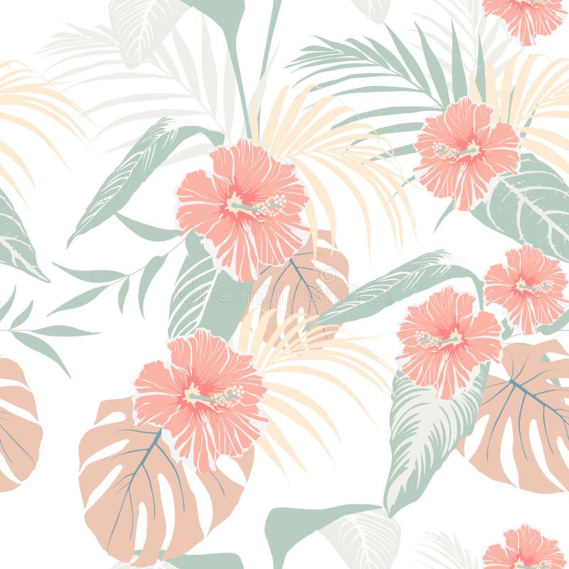 Plantes tropicales et fleurs en pastel de ketmie Modèle tropical sans couture, fond illustration stock
