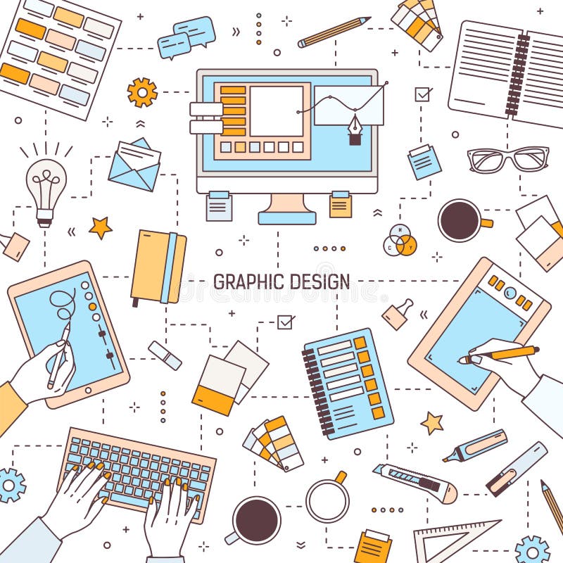 Plantilla cuadrada de la bandera con el diseño gráfico o las herramientas digitales del arte, diseñadores que mecanografían en el ilustración del vector Plantilla cuadrada de la bandera con el diseño gráfico o las herramientas digitales del arte, diseñadores que mecanografían en el ilustración del vector