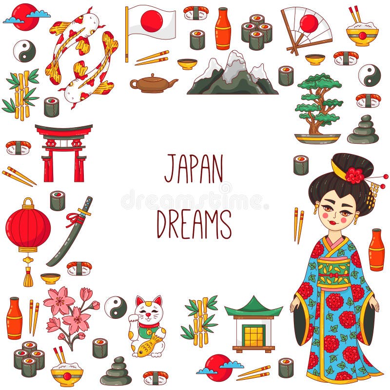 Plantilla cuadrada de la frontera de los iconos tradicionales de la historieta del garabato de Japón ilustración del vector Plantilla cuadrada de la frontera de los iconos tradicionales de la historieta del garabato de Japón ilustración del vector