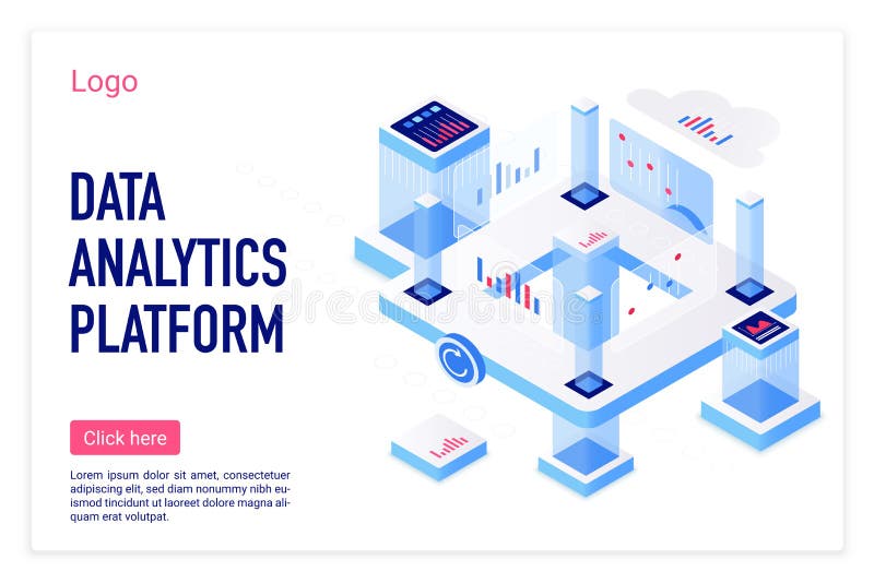 Plantilla de aterrizaje isométrica de la página del vector de la plataforma del analytics de los datos ilustración del vector Plantilla de aterrizaje isométrica de la página del vector de la plataforma del analytics de los datos ilustración del vector