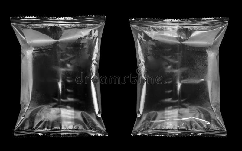 Template of food snack pillow bag on black background with clipping path. Template of food snack pillow bag on black background with clipping path.