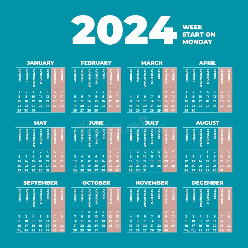 Plantilla De Calendario De 2024 Con Semanas Que Comienzan El Lunes