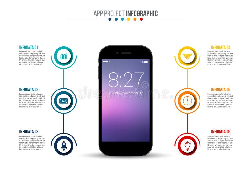 Plantilla de Infographic con el teléfono móvil stock de ilustración Plantilla de Infographic con el teléfono móvil stock de ilustración