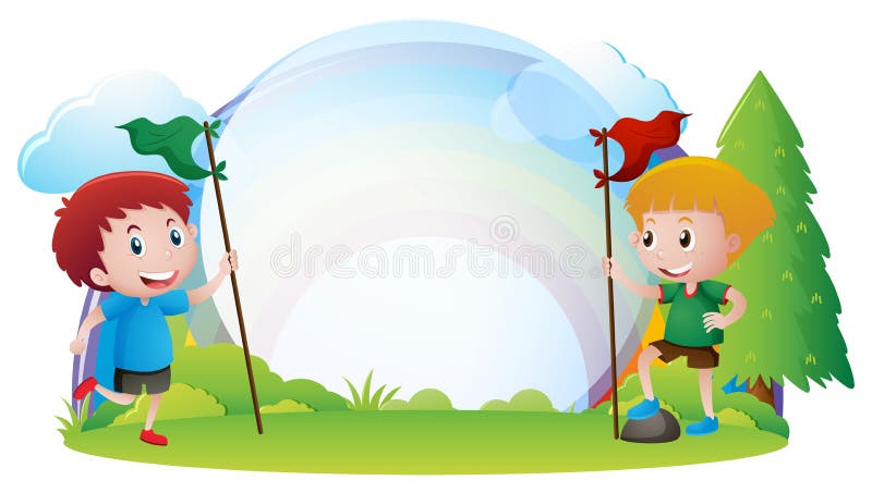 Plantilla de la frontera con los muchachos que sostienen banderas ilustración del vector Plantilla de la frontera con los muchachos que sostienen banderas ilustración del vector