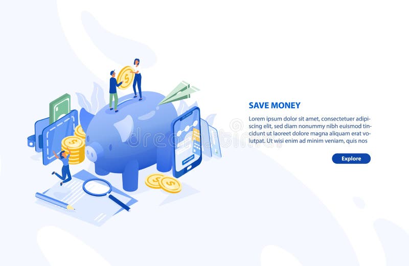 Web page or banner template with pair of people standing on giant piggy bank and holding coin, smartphone. Money saving and personal finance depositing. Modern colorful isometric vector illustration. Web page or banner template with pair of people standing on giant piggy bank and holding coin, smartphone. Money saving and personal finance depositing. Modern colorful isometric vector illustration