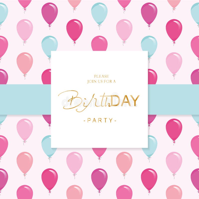Plantilla de la tarjeta de la invitación de la fiesta de cumpleaños Modelo inconsútil incluido con los globos rosados y azules br stock de ilustración Plantilla de la tarjeta de la invitación de la fiesta de cumpleaños Modelo inconsútil incluido con los globos rosados y azules br stock de ilustración