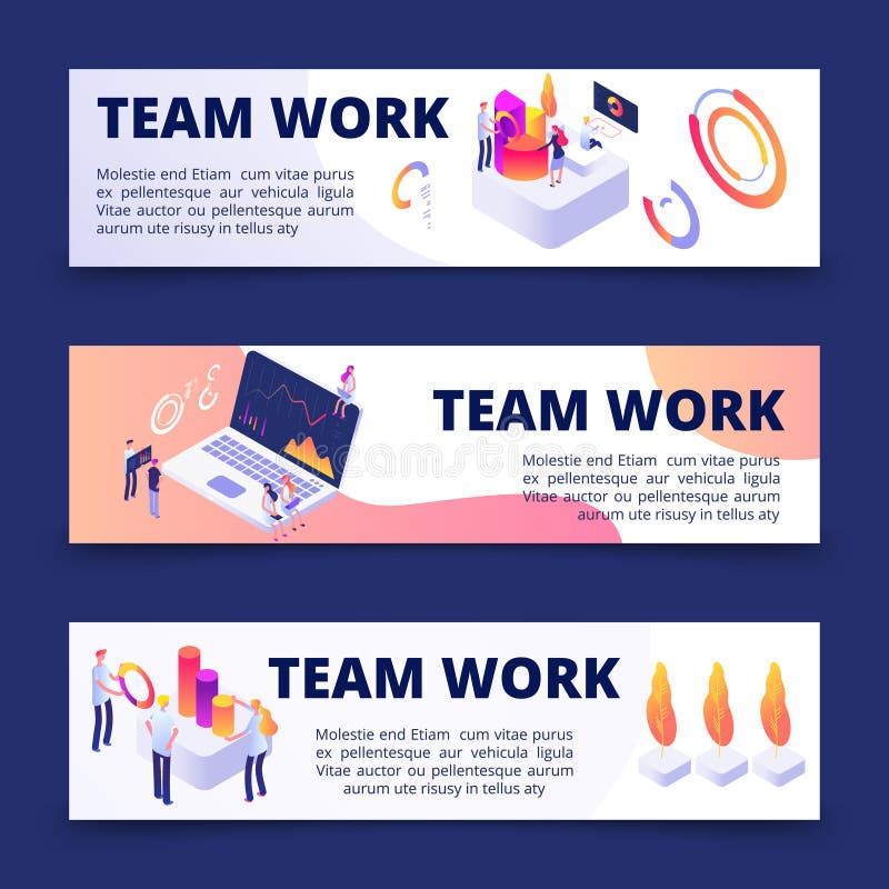 Plantilla de las banderas del vector del trabajo del equipo con la gente isométrica ilustración del vector Plantilla de las banderas del vector del trabajo del equipo con la gente isométrica ilustración del vector