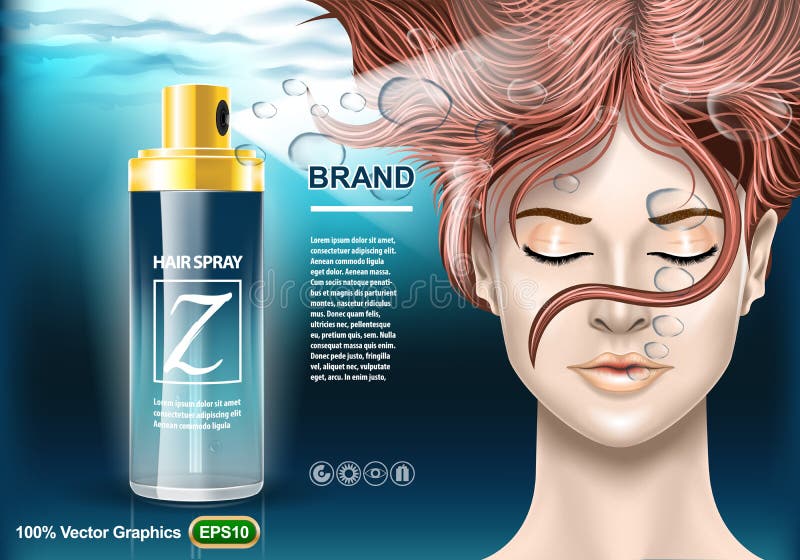 Plantilla de los anuncios de la protección de la laca para el pelo, con la muchacha debajo del agua con los ojos cerrados Mofa re stock de ilustración Plantilla de los anuncios de la protección de la laca para el pelo, con la muchacha debajo del agua con los ojos cerrados Mofa re stock de ilustración