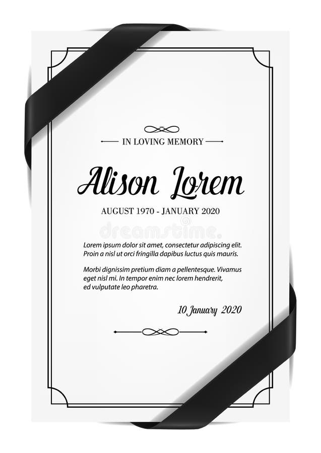 Funerary card with obituary condolence and mourning ribbon. Obituary card layout, mortuary plate vector template, sepulchral plaque with in memoriam necrologue and black silk ribbon over corners. Funerary card with obituary condolence and mourning ribbon. Obituary card layout, mortuary plate vector template, sepulchral plaque with in memoriam necrologue and black silk ribbon over corners