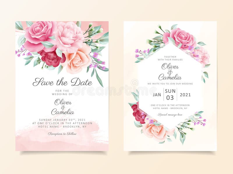 Plantilla de tarjeta de invitación para boda elegante con decoración de flores de color agua suave. fondo de ilustración floral de