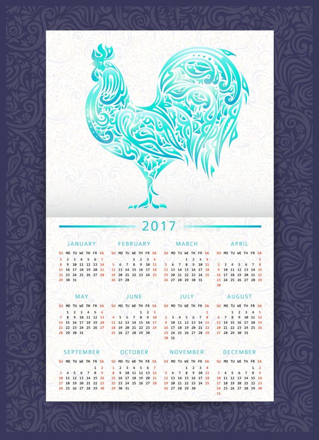 Plantilla del calendario con el gallo modelado stock de ilustración Plantilla del calendario con el gallo modelado stock de ilustración