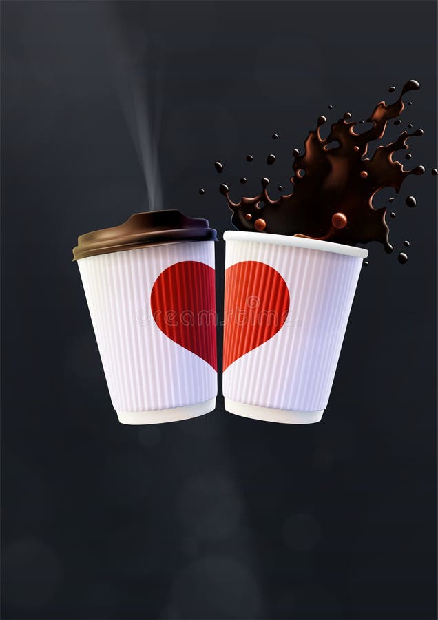 Plantilla del cartel del amor del café Tazas blancas de la ondulación con un corazón y un chapoteo rojos en un fondo negro libre illustration Plantilla del cartel del amor del café Tazas blancas de la ondulación con un corazón y un chapoteo rojos en un fondo negro libre illustration