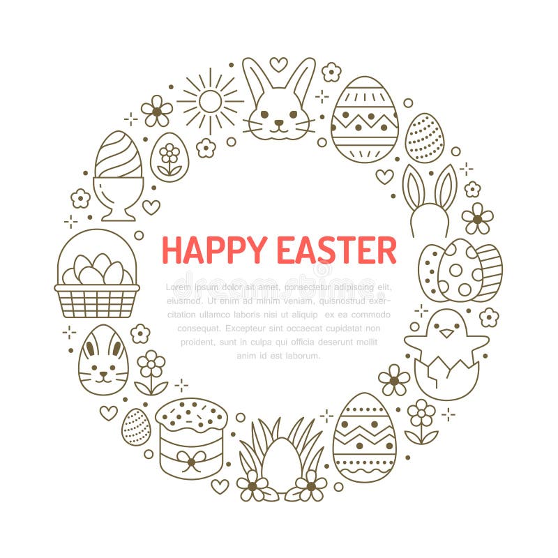 Plantilla del círculo de la tarjeta de pascua con la línea plana iconos Huevos coloreados, cesta, caza del huevo, conejo, flores ilustración del vector Plantilla del círculo de la tarjeta de pascua con la línea plana iconos Huevos coloreados, cesta, caza del huevo, conejo, flores ilustración del vector