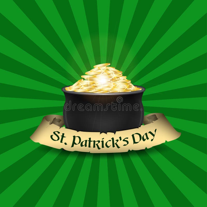 Plantilla del diseño del cartel del día del ` s de St Patrick del vector Mina de oro y cinta vieja con el texto stock de ilustración Plantilla del diseño del cartel del día del ` s de St Patrick del vector Mina de oro y cinta vieja con el texto stock de ilustración