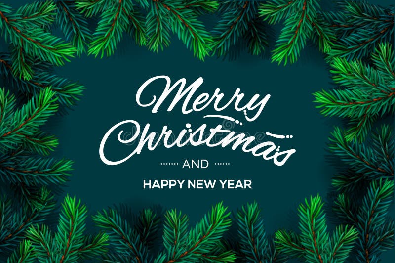 Plantilla del texto de la Feliz Navidad y de la Feliz Año Nuevo con el marco de la frontera de las ramas de árbol de navidad, eje stock de ilustración Plantilla del texto de la Feliz Navidad y de la Feliz Año Nuevo con el marco de la frontera de las ramas de árbol de navidad, eje stock de ilustración