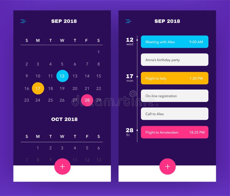 Plantilla del uso del calendario con para hacer la lista y las tareas UI UX Diseño para el teléfono móvil Uso del evento en color libre illustration Plantilla del uso del calendario con para hacer la lista y las tareas UI UX Diseño para el teléfono móvil Uso del evento en color libre illustration