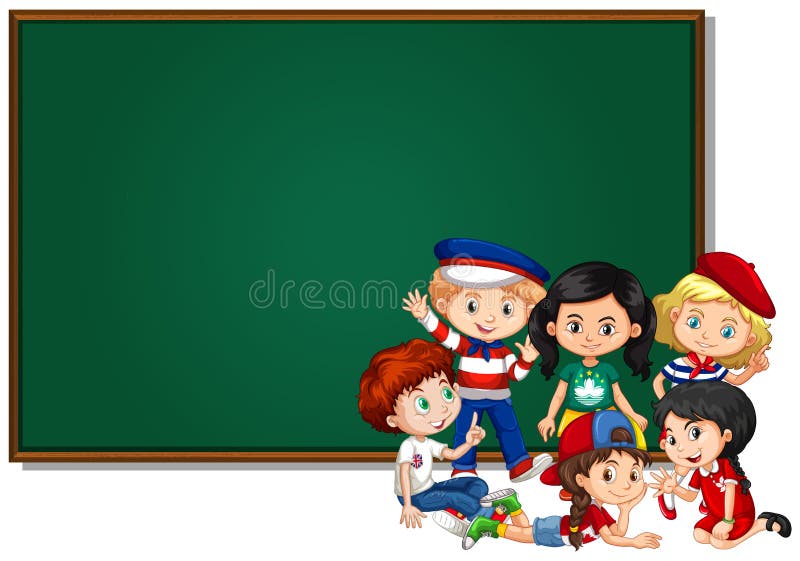 Plantilla en blanco de la muestra con los niños y el tablero verde ilustración del vector Plantilla en blanco de la muestra con los niños y el tablero verde ilustración del vector