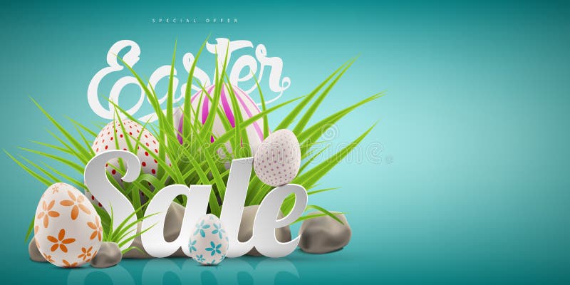 Plantilla grande del fondo de la bandera de la venta de Pascua con oferta enorme del descuento, la hierba verde, las piedras y lo stock de ilustración Plantilla grande del fondo de la bandera de la venta de Pascua con oferta enorme del descuento, la hierba verde, las piedras y lo stock de ilustración