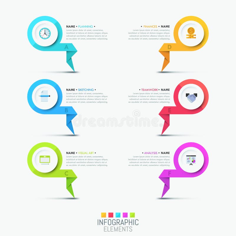 Plantilla infographic creativa del diseño - 6 elementos indicados con letras multicolores ilustración del vector Plantilla infographic creativa del diseño - 6 elementos indicados con letras multicolores ilustración del vector