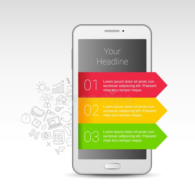 Plantilla infographic moderna del vector con smartphone realista y tres pasos u oprions y dar garabatos exhaustos del negocio en ilustración del vector Plantilla infographic moderna del vector con smartphone realista y tres pasos u oprions y dar garabatos exhaustos del negocio en ilustración del vector