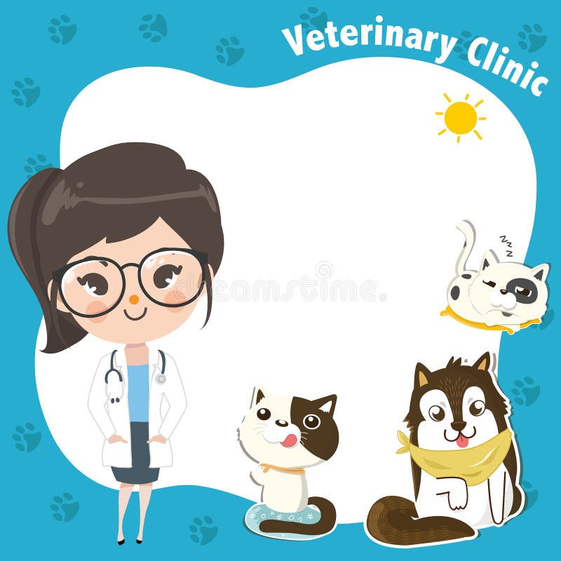 Plantilla para una clínica veterinaria con una muchacha y los animales domésticos del doctor stock de ilustración Plantilla para una clínica veterinaria con una muchacha y los animales domésticos del doctor stock de ilustración